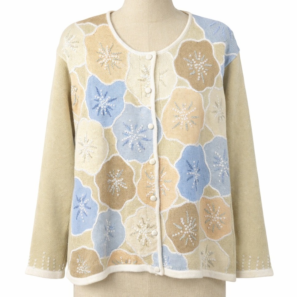 Vintage Beaded Embroidered Cardigan Sz L Tan Granny Nautical Coastal Teacher